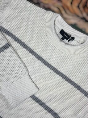 Theory Cotton Cashmere White Striped Crewneck Sweater Waffle Knit Preppy Mens